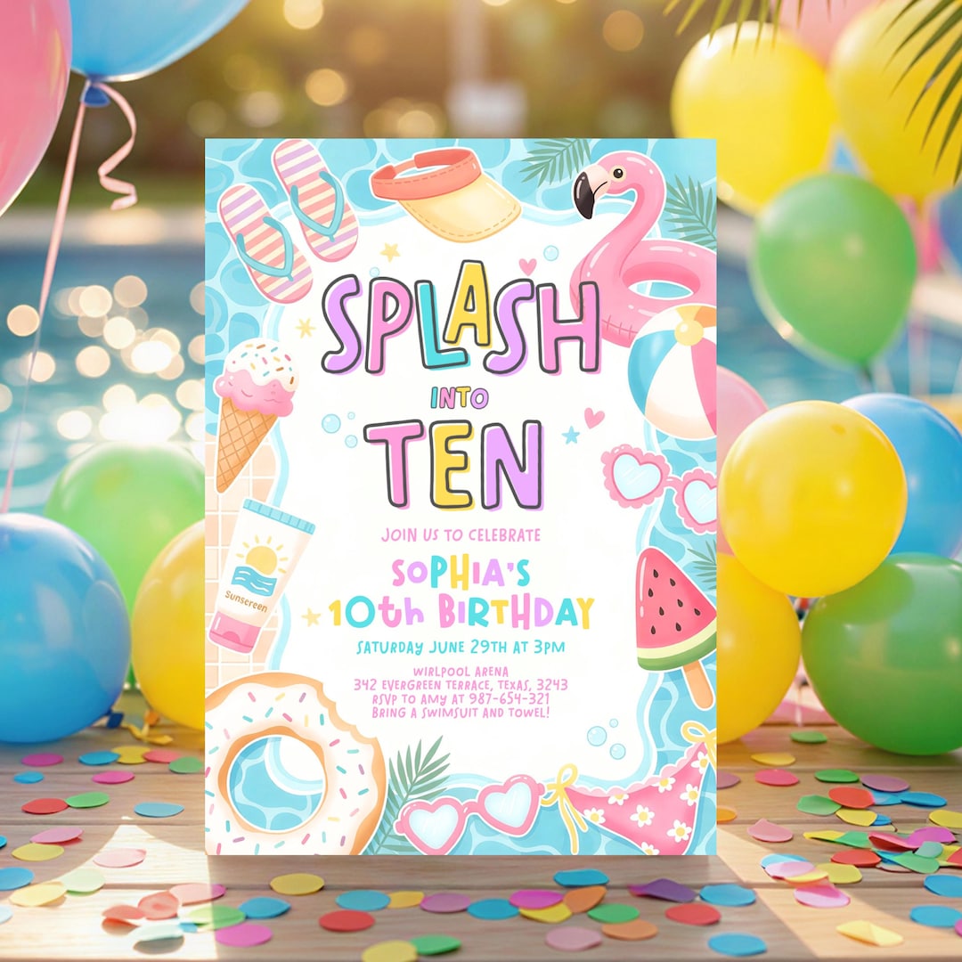 Splash Into Ten 10th Birthday Pool Party Invitation, Girls Pool Party ...