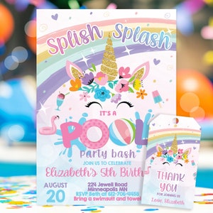 Editable Pool Party Invitation Unicorn Pool Party Invitation Unicorn Pool Float Splish Splash Pool Party Instant Download Party Favor Tag