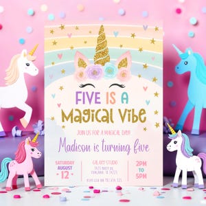 Editable Unicorn Birthday Invitation 5th Five is a Magical Vibe Magical Party Invite Girl Pastel Birthday Template Rainbow Download