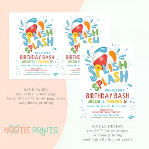 May include: A printable invitation for a birthday party with a beach theme. The invitation features a colorful beach ball with the words "Splish Splash" in a playful font. The text on the invitation reads "Join us for a Birthday Bash Jacob is turning 5!" with the date, time, and location of the party.