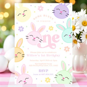 Editable Bunny Birthday invitation Some bunny is turning one Birthday invitation Pink Floral Spring Rabbit Birthday Invitation