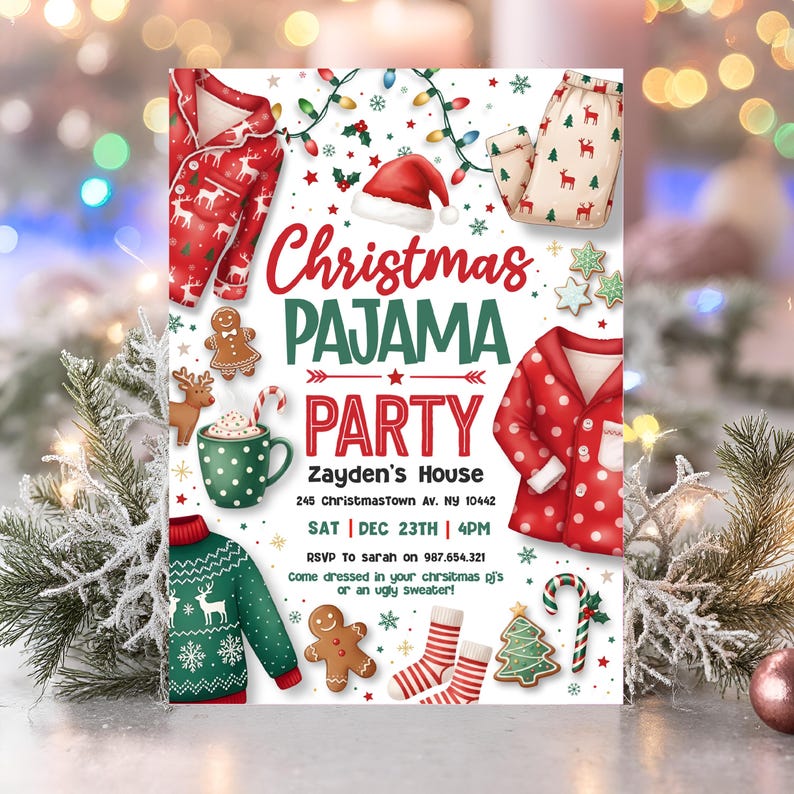 May include: A Christmas Pajama Party invitation with festive illustrations. The invitation features red pajamas, a Santa hat, gingerbread cookies, and a green sweater. The text reads "Christmas Pajama Party" with details for Zayden's House, December 23rd, and RSVP information.
