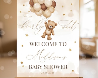 EDITIERBARE Geschlechtsneutrale Bär Babyparty Willkommensschild, Wir können Bär Babyparty Poster warten, Braun Beige Boho Bär Babyparty NBS46