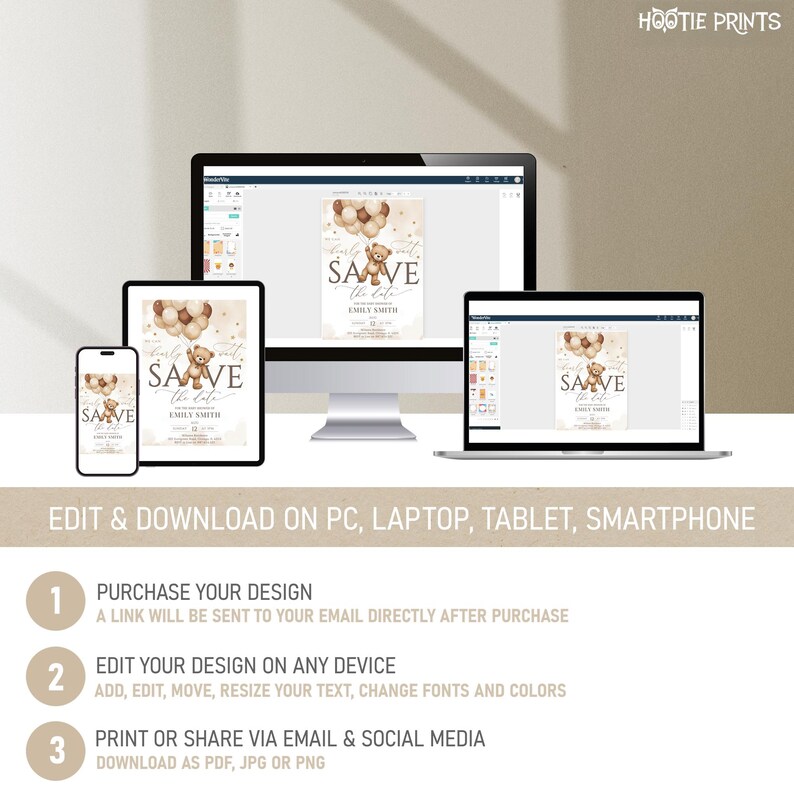 Puede incluir: Dise&ntilde;o de invitaci&oacute;n digital con un oso de peluche y globos, con el texto "Save the Date" y el nombre "Emily Smith". El dise&ntilde;o se muestra en un tel&eacute;fono inteligente, tableta, port&aacute;til y ordenador de sobremesa.