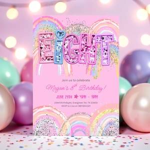 8. Geburtstags-Einladung Mädchen bearbeitbarer Regenbogen Pailletten-Glitter einladen druckbare Vorlage für Mädchen-Party