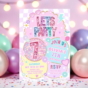 Preppy Varsity 7th Birthday Invitation, Pastel Groovy Party Invite, Glitter Disco Girl Invitation, Editable Template Download image 3