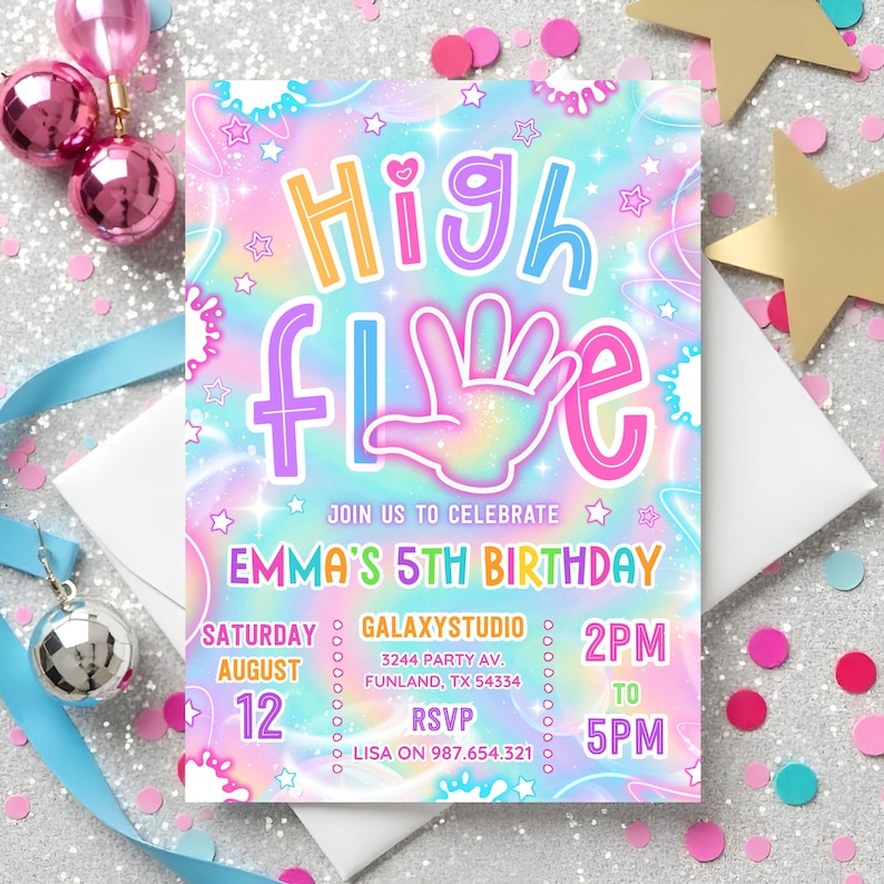 May include: A colorful birthday party invitation with the words "High Five" and "Emma's 5th Birthday." The invitation features a pastel rainbow background with stars and a hand graphic. Details include the date, time, and RSVP information.