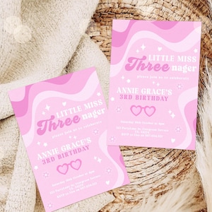 Little Miss Threenager Invitation 3rd Birthday Invitation Girl 3rd Birthday Invite Threenage Dream Pastel Pink Boho Daisy Birthday Canva
