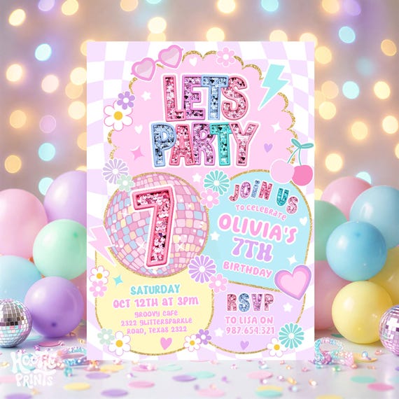 Preppy Varsity 7th Birthday Invitation, Pastel Groovy Party Invite, Glitter Disco Girl Invitation, Editable Template Download