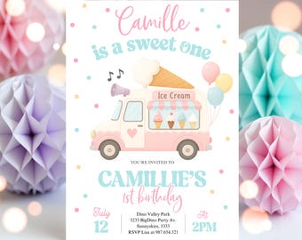 May include: A pastel-colored birthday invitation featuring an ice cream truck illustration. The text reads "Camille is a sweet one" and "Camille's 1st birthday." Includes date, time, and RSVP information. Decorative polka dots and balloons.