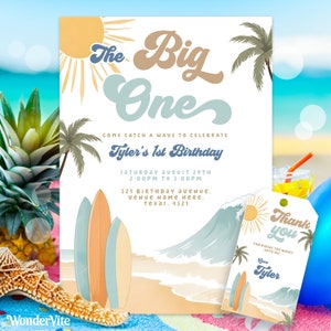 Modifiable The Big One Surf 1er anniversaire Invitation planche de surf rétro Beach Party vague surfeur Boho Invite, big one surf merci tag