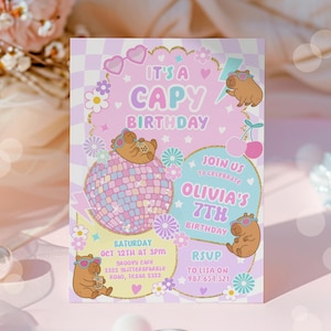 Capybara-Geburtstagseinladung, niedlicher rosa Capy-Geburtstag, adrettes Lächeln Teen Party, Tiere Kindergeburtstags-Mädchen-Thema, Canva bearbeitbare Vorlage