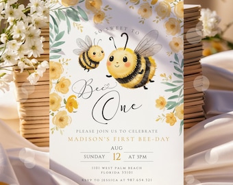 Editable Bee First Birthday Invite First Bee Day Invitation Honey Bee 1st Birthday Invite Sweet To Bee One Invitation  Instant Download