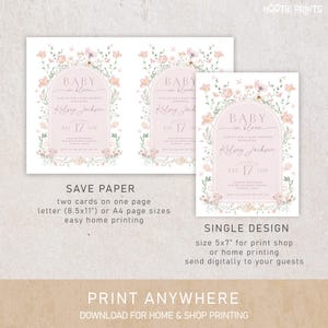 May include: Two printable baby shower invitations with a floral design. The invitations are pink with a white border and feature a floral archway with the text "Baby in Bloom" and the name "Kelsey Jackson".