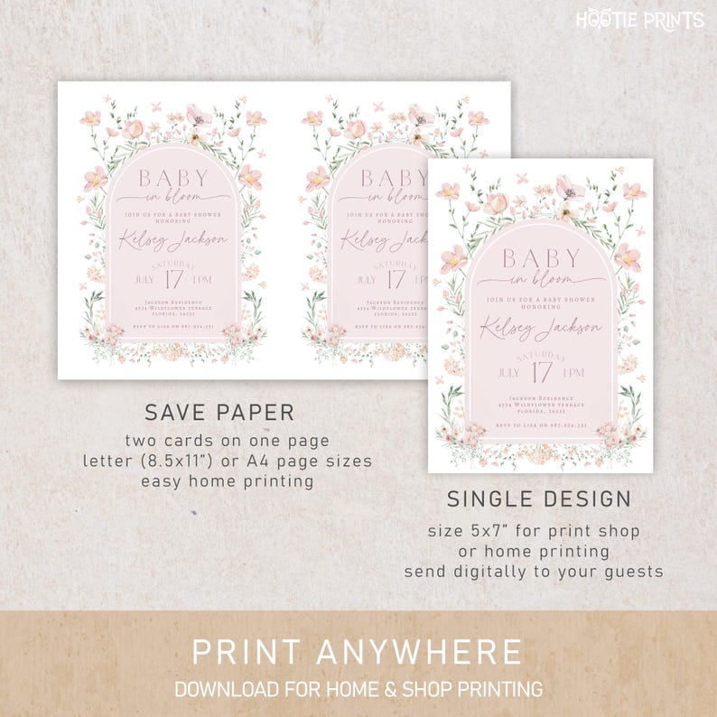 May include: Two printable baby shower invitations with a floral design. The invitations are pink with a white border and feature a floral archway with the text "Baby in Bloom" and the name "Kelsey Jackson".