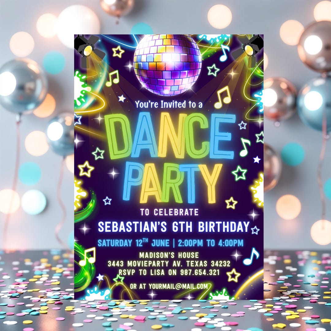 Editable Boys Neon Glow Dance Party Invitation Birthday Invite - Etsy