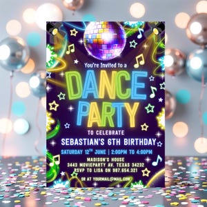 Editable Boys Dance Party Invitation Neon Glow Dance Party Invite Instant Download Neon Disco Birthday Invitation