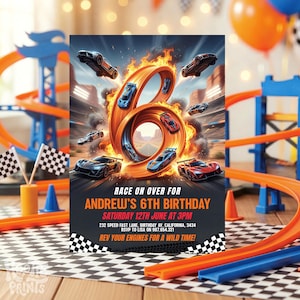 May include: A birthday invitation with a race car theme. The design features race cars, flames, and a large number six. The text reads "Race on over for Andrew's 6th Birthday" with event details. Checkered flags and race track elements are also visible.