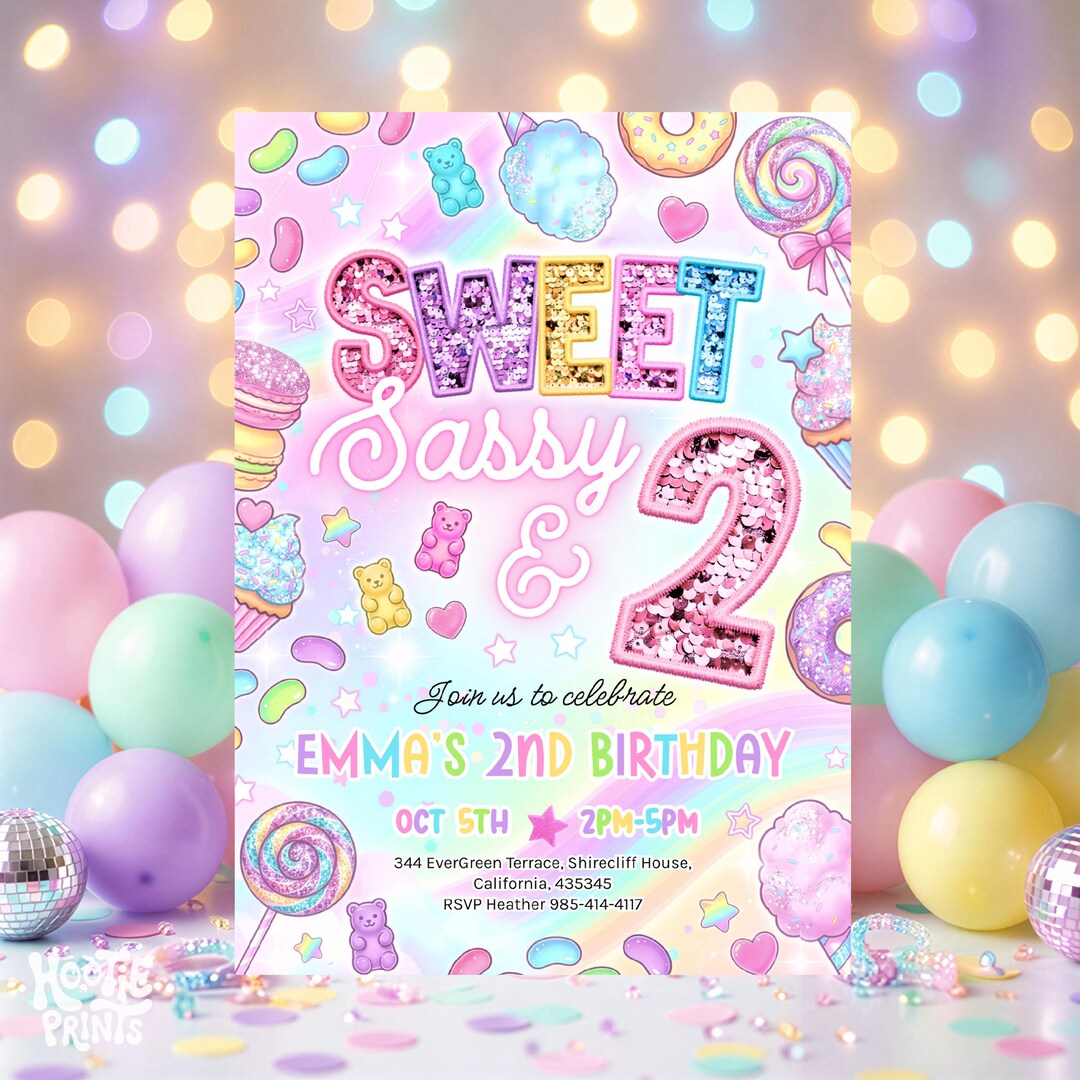 Two Birthday Invite 2nd Sweet Sassy and Two Birthday Invitation Girl Editable Rainbow ...