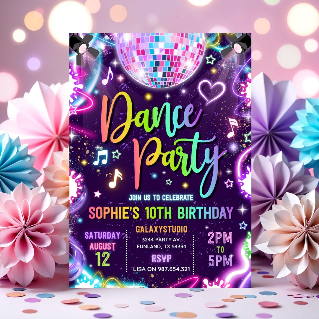 Editable Dance Party Invitation Neon Glow Disco Dance Party Invitation ...