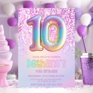 Bearbeitbare Einladung zum 10. Geburtstag Glitzernde Einladung zum 10. Geburtstag Bearbeitbare Mädchen-Einladung Regenbogenfolie Pastell Mädchen Zehnter Geburtstag