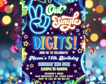 Out Single Digits Neon 10th Birthday Invitation Editable Boys Glow Party