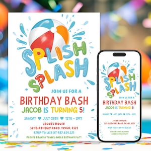 Invito di compleanno modificabile Splish Splash Invito alla festa in piscina Invito alla festa in piscina con pallone da spiaggia per ragazzi Festa di compleanno Scarica modello stampabile