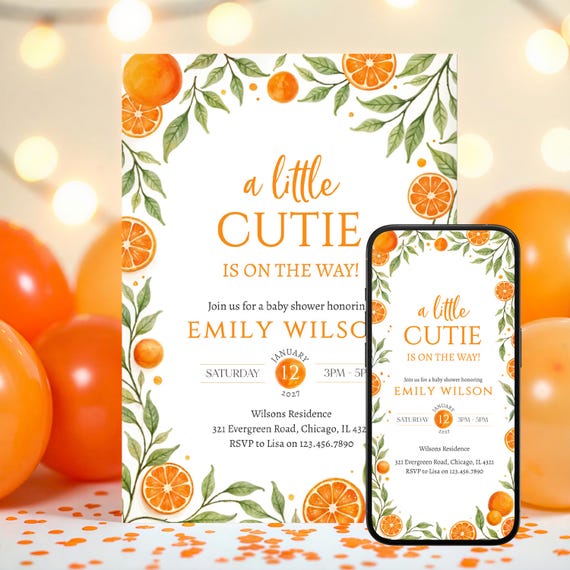 Editable Little Cutie Baby Shower Invitation, Orange Baby Shower Invite, Gender Neutral Orange Citrus Baby Shower Invite