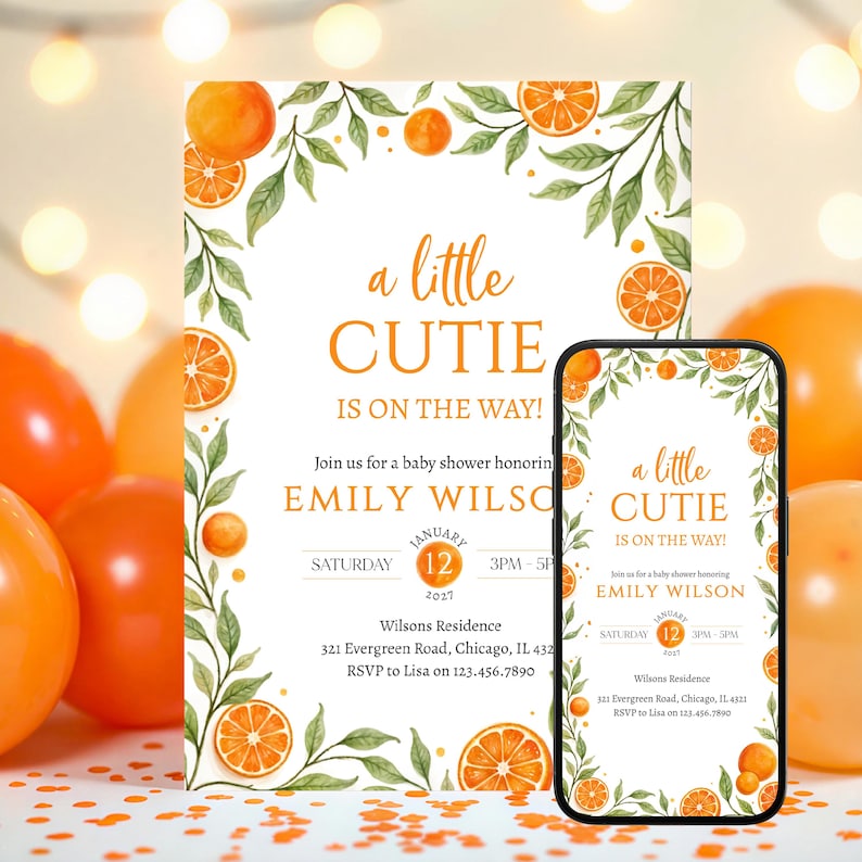 Editable Little Cutie Baby Shower Invitation, Orange Baby Shower Invite, Gender Neutral Orange Citrus Baby Shower Invite image 1