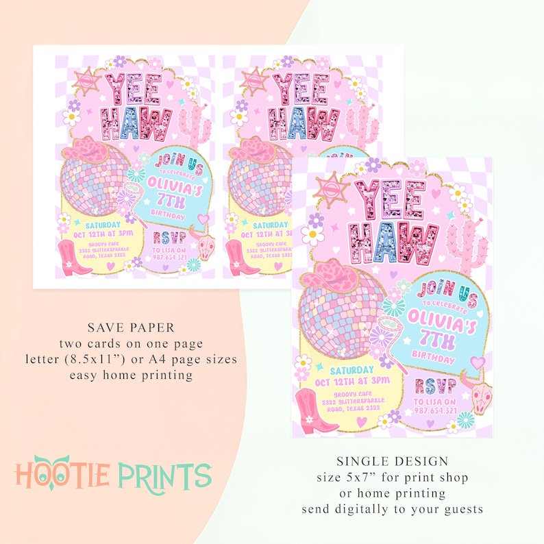 Yee Haw Pink Cowgirl Birthday Invitation Disco Rodeo Party Invite HootiePrints GS32 image 6