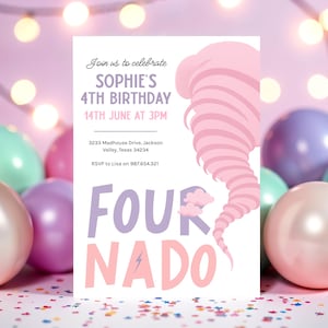 Invito di compleanno Fournado per bambina, invito Fournado, invito di compleanno per bambina di quattro anni, invito per bambina di 4 anni, tornado rosa
