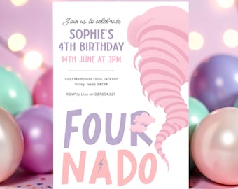 Fournado Birthday Invitation Girl, Fournado Invitation, Four Year Old Girl Birthday Invite, Birthday Girl Invite 4 Years, Pink Tornado