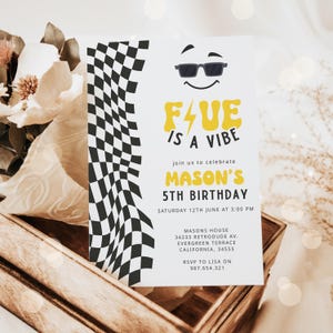 5th Birthday Invitation Boy | Retro Checkered Smiley Face | Editable Canva Template | Digital Download | Five is a Vibe Party Invite