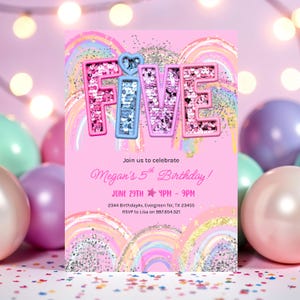 5th Birthday Invitation Girl Editable Rainbow Sequin Glitter Invite Printable Template for Girls Party