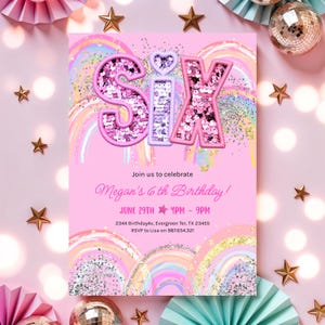 6th Birthday Invitation Girl Editable Rainbow Sequin Glitter Invite Printable Template for Girls Party, Girls Pink Birthday Invite