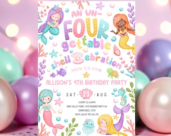 4th Editable Un Four Gettable Mermaid Birthday Invitation 4th Birthday Purple Under The Sea Pool Party Pastel Download Printable Template