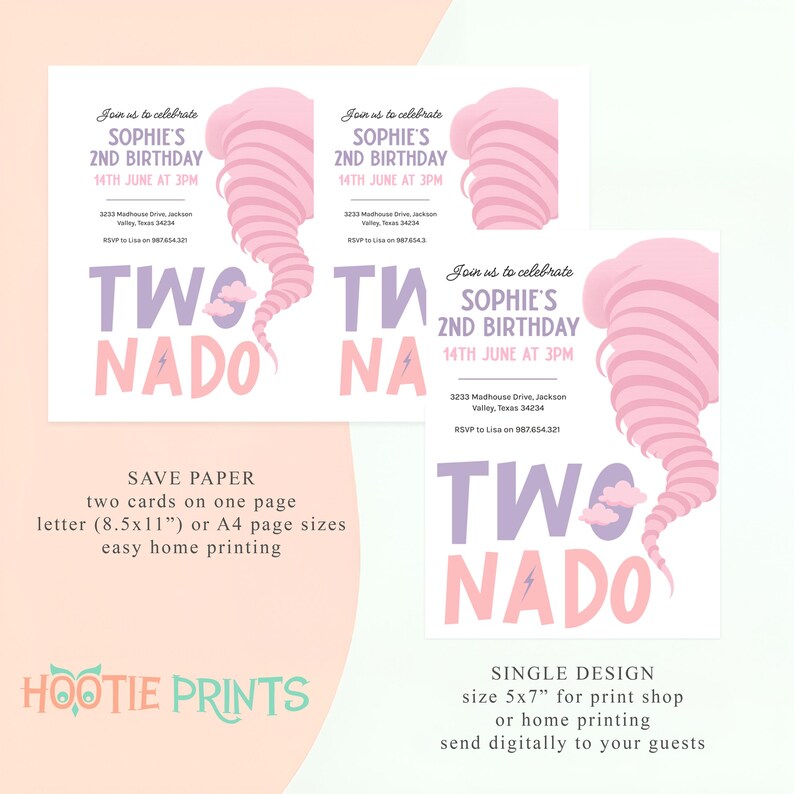 May include: Pink and purple printable invitation for a 2nd birthday party with a tornado theme. The invitation says "Join us to celebrate Sophie's 2nd Birthday 14th June at 3PM" and "Two-nado".