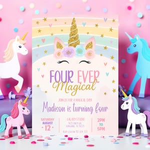 Editable Unicorn 4th Birthday Invitation Four Ever Magical Party Invite ...