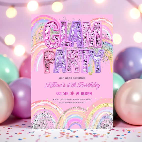 Glam Party Birthday Invitation Rainbow Sequin Glitter Pink Makeup Party Editable Invite HootiePrints GS32