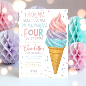 Bearbeitbare Eis-Geburtstagsfeier-Einladung bearbeitbare Vorlage, ich schreie, Sie schreien, wir alle schreien vier Eiswagen 4.Geburtstag