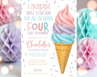 Editable Ice Cream Birthday Party Invitation Editable Template, I Scream You Scream We All Scream Four Ice Cream Truck 4th Birthday