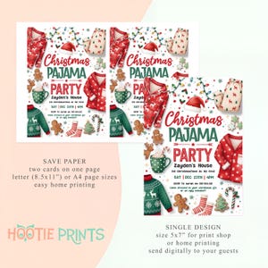 May include: Christmas Pajama Party invitations with festive illustrations of pajamas, sweaters, and gingerbread men. The invitations include party details and are available in two sizes for easy printing.