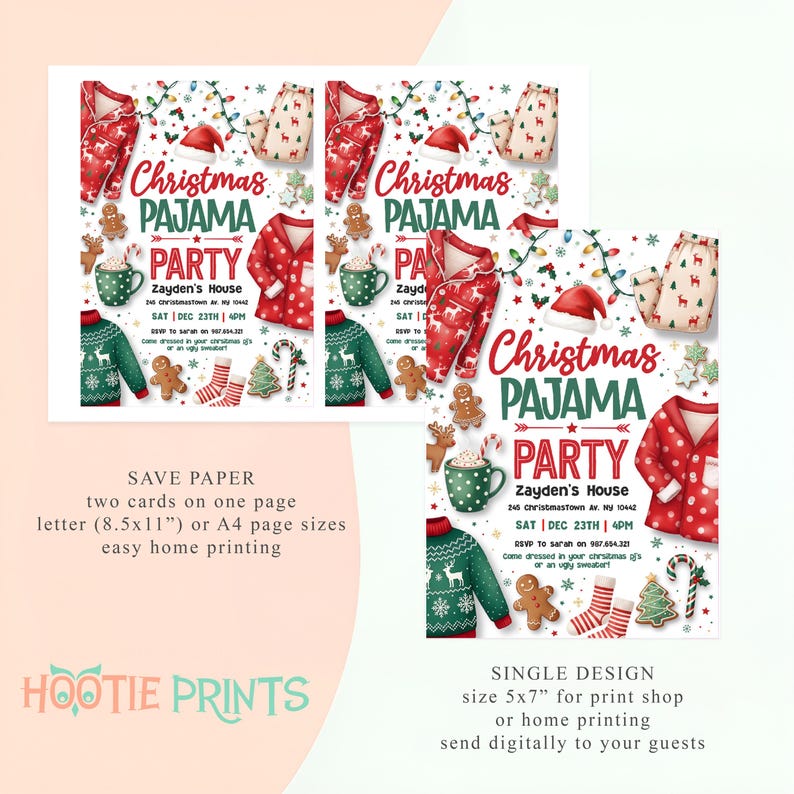 May include: Christmas Pajama Party invitations with festive illustrations of pajamas, sweaters, and gingerbread men. The invitations include party details and are available in two sizes for easy printing.