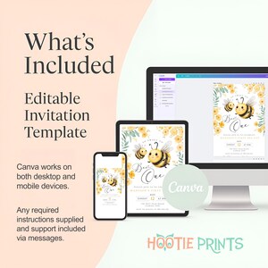 Op de afbeelding: Bewerkbare uitnodigingstemplate voor een eerste verjaardagsfeest met een bijen thema. De uitnodiging heeft een gele en zwarte bij met de tekst "Bee One" en een bloemmotief. De template is beschikbaar voor gebruik op Canva.