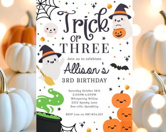 May include: Halloween-themed invitation with the text "Trick or Three" and "Allison's 3rd Birthday." The design includes cartoon ghosts, pumpkins, a cauldron, and a spiderweb. The invitation is set against a backdrop of pumpkins and soft lights.