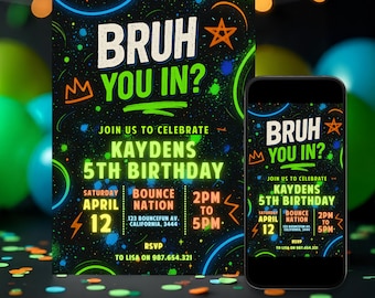 Bruh Birthday Party Invitation for Boys: Blue & Green (Canva Editable)