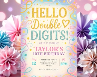 Hello Double Digits Birthday Invitation Template Groovy 10th Birthday Invite Out Single Digits Girl Teen Invite Varsity Patch Letter DD2