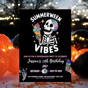 Editable Summerween Birthday Party Invitation Summer Halloween Skeleton Birthday Galaxy Skeleton Summer Pool Party Instant Download