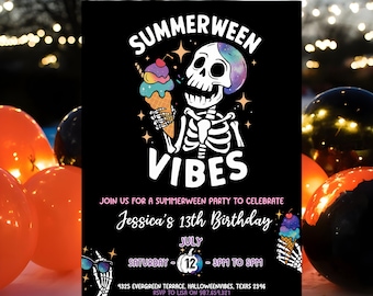 Editable Summerween Birthday Party Invitation Summer Halloween Skeleton Birthday Galaxy Skeleton Summer Pool Party Instant Download