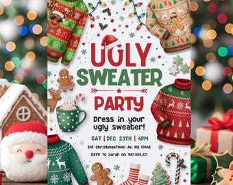 Convite para festa de Natal com suéter feio, convite com suéter feio, convite com suéter de Natal, convite com suéter feio, modelo Canva